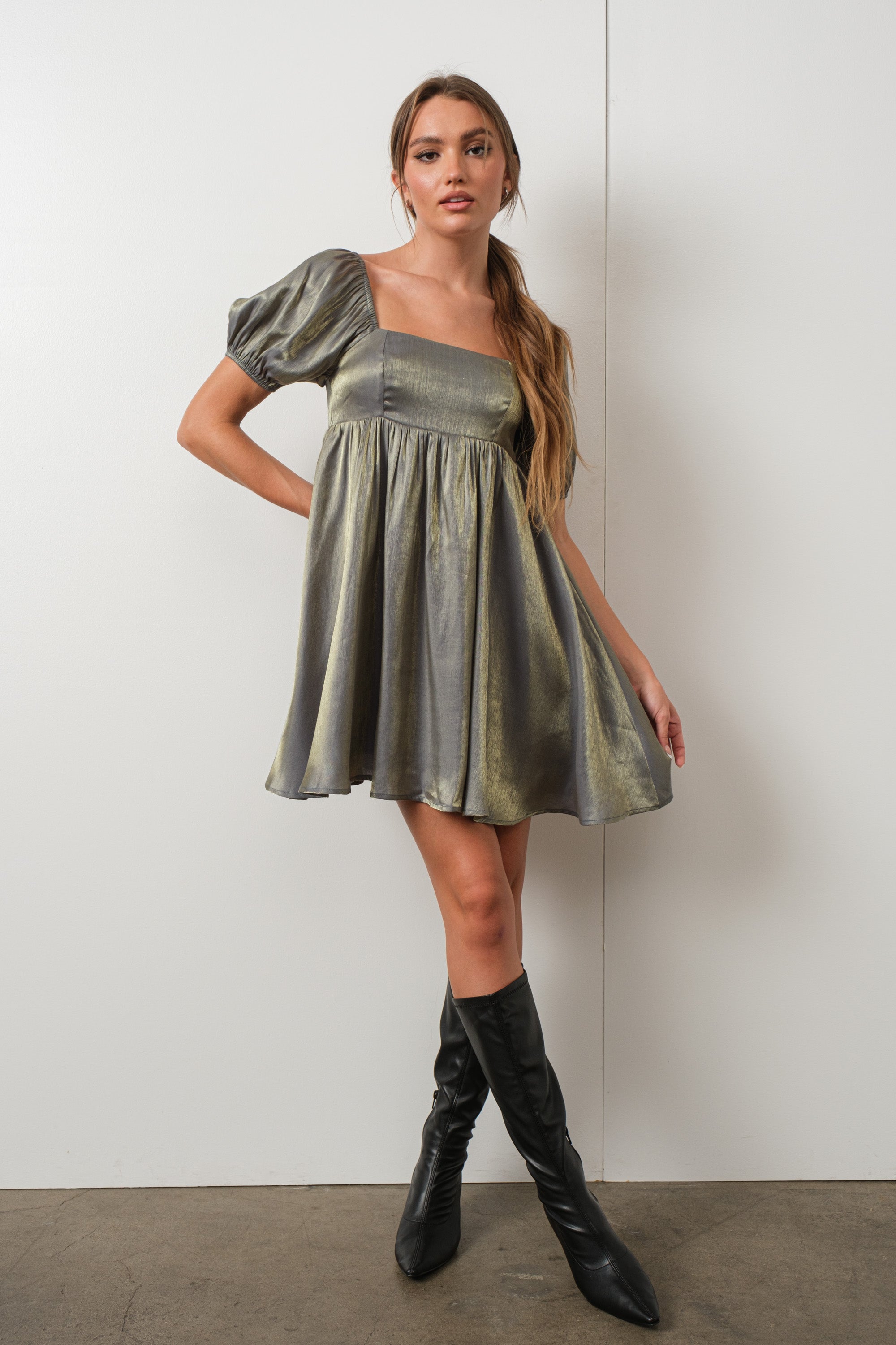 Arela Shimmer Babydoll Dress